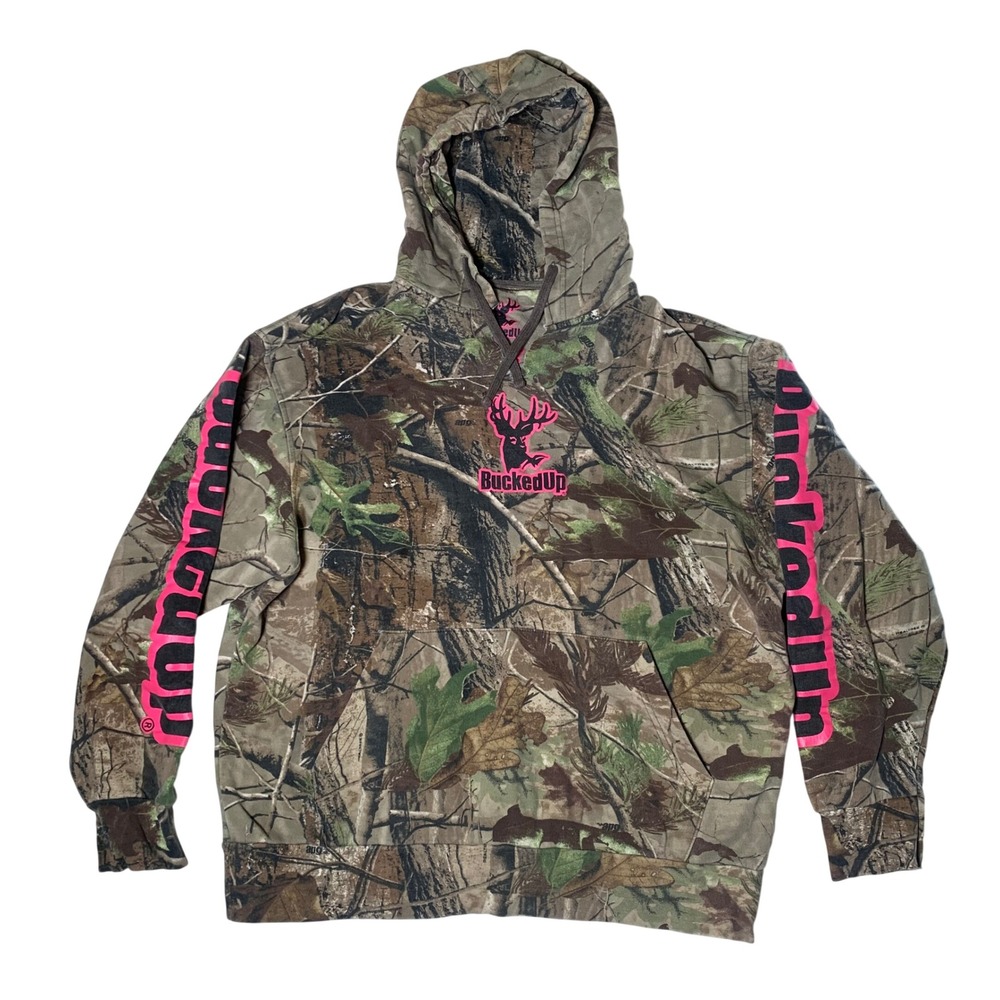 BuckedUp Camo Hoodie Womens Large Green Pink Realtree Graphic Pullover *READ
